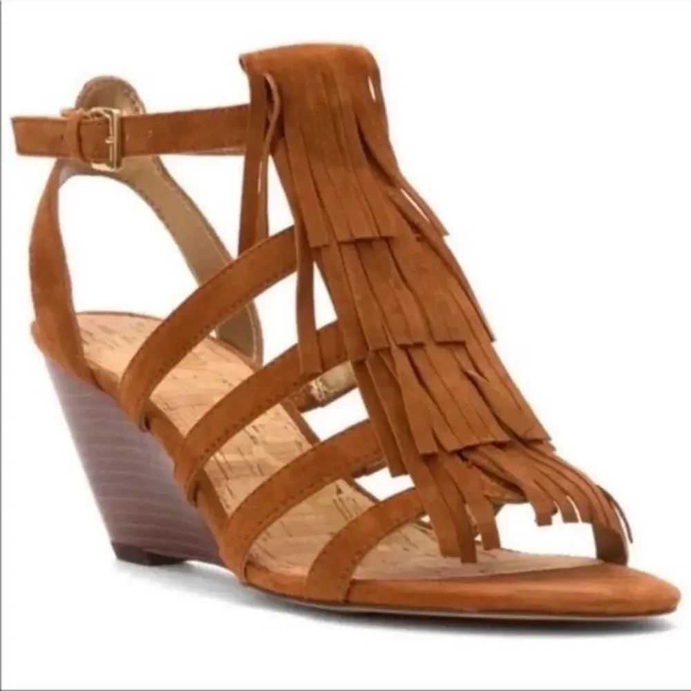 Sam Edelman Sandra Suede Fringe Wedge Sandals - Picture 1 of 10